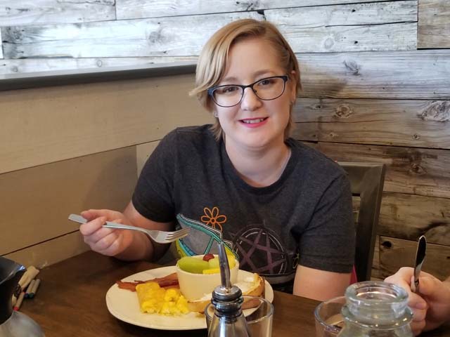 Diana Grams enjoying breakfast